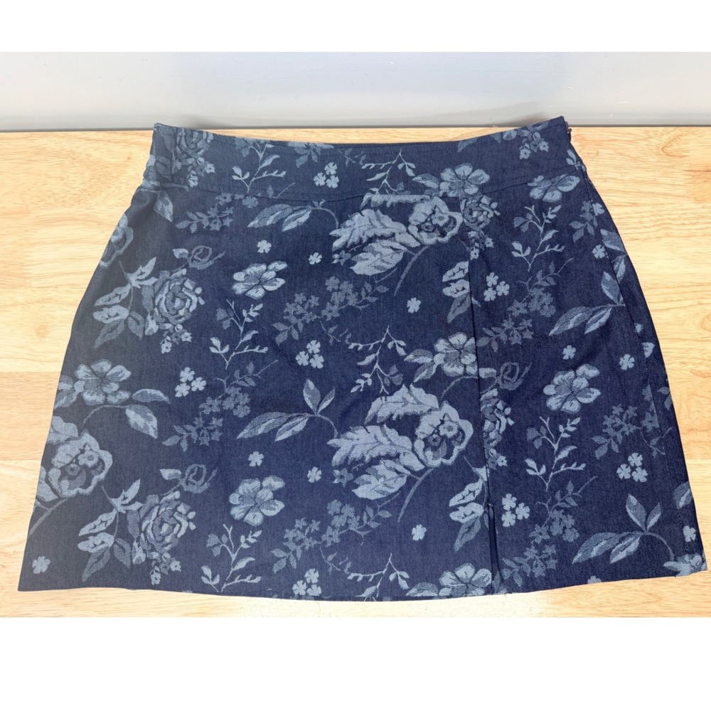 Whiteroom‎ + Cactus Navy Blue Floral Jacquard Mini Skirt Front Slit medium #58